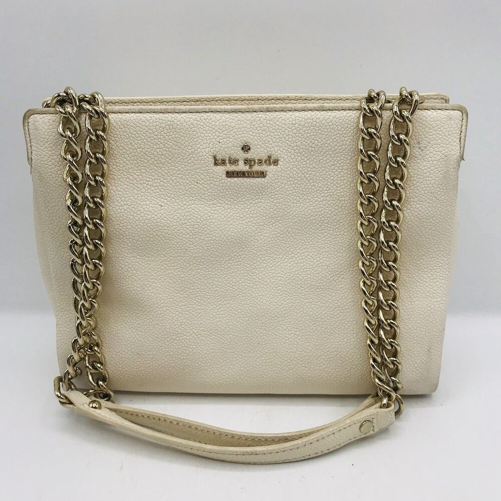 Kate Spade New York Pebble Cream Leather Handbag Gold Chain Shoulder 10x7x4 Inch